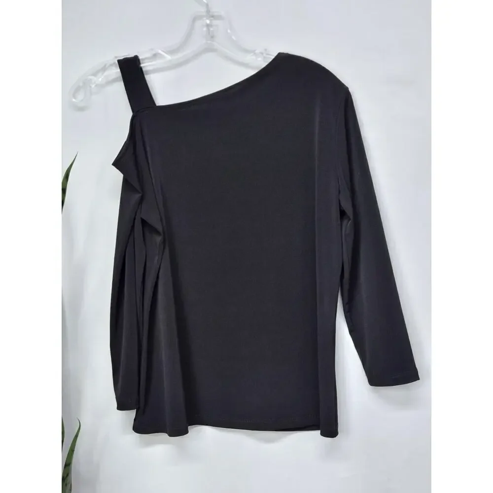 CLARA SUN WOO PEEKABOO SHOULDER DRAPED 3/4 SLEEVE BLACK TOP SIZE SMALL